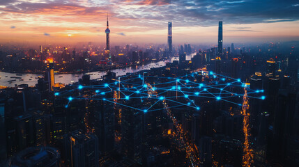 Naklejka premium Smart digital city with connection Innovation network reciprocity over the cityscape . Concept of future smart wireless digital city and social media networking systems that connects business people