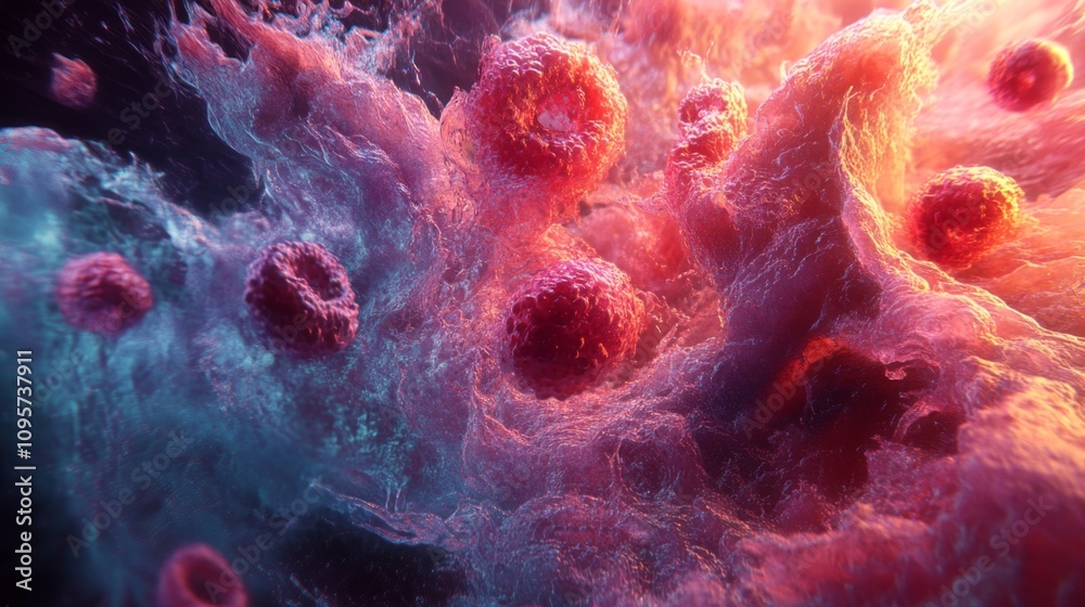 Poster dynamic cellular interaction simulation science lab digital art abstract environment close-up view m