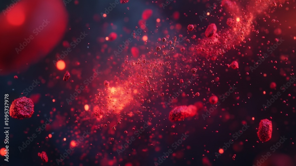 Poster dynamic red particle flow abstract space digital art cosmic environment close-up view science visual
