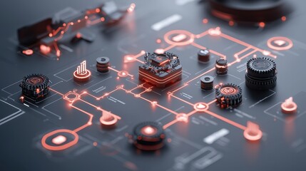 Fototapeta premium Futuristic Technology Concept with Circuit Patterns and Neon LED Lights Reflecting a Modern Digital Network and Electronic Components on a Dark Background
