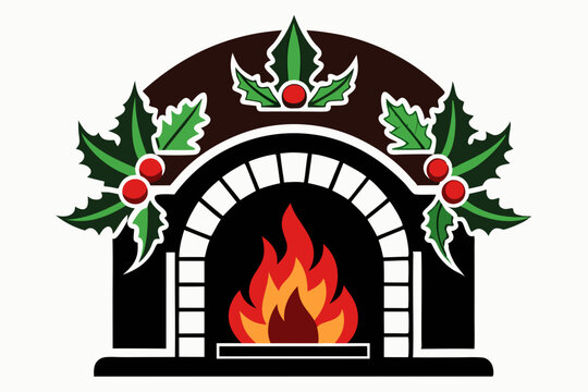 christmas fireplace with holly and fire clip art preview