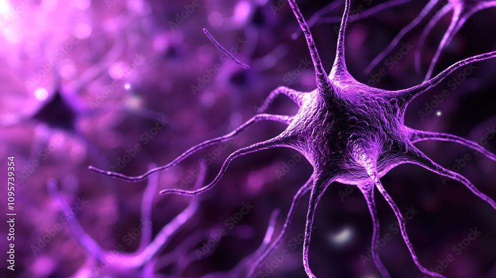 Poster close-up image of neurons, showcasing their structure and connections in a vibrant purple hue.