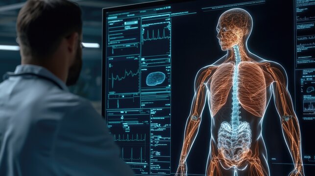 Medical AI diagnosis predictive concept. A doctor professional observes a digital display of the human anatomy, showcasing intricate details of the body"s systems and organs. - Powered by Adobe