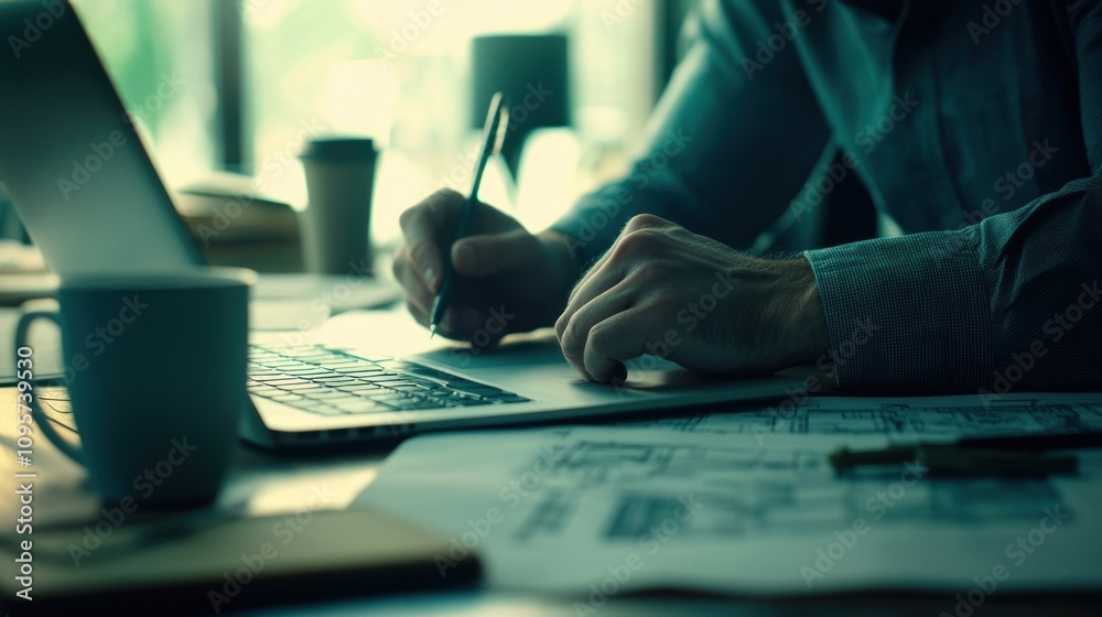 Poster a person writing notes while working on a laptop, surrounded by blueprints and a coffee cup.