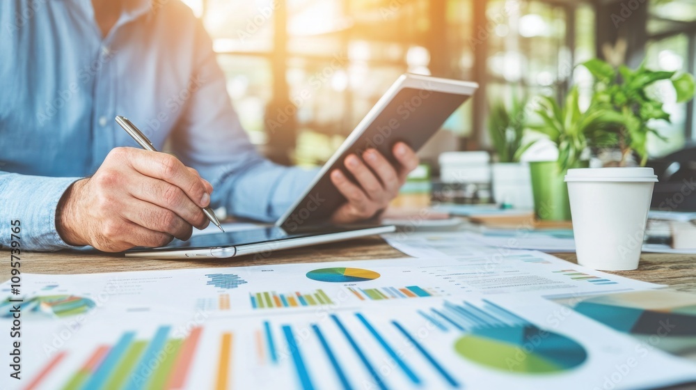 Poster A person analyzing data on a tablet while reviewing printed graphs and charts.