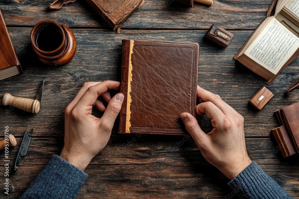 Aufkleber a person holds a leather-bound notebook amidst crafting tools and books on a wooden table.
