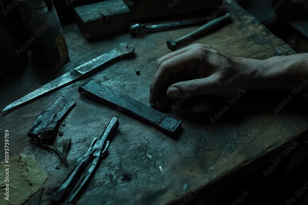 Aufkleber A hand working on tools and materials at a dimly lit workshop table.