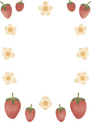 frame of strawberry and white flower, square frame of strawberry , hand drawn in watercolor isolated on a white background.  Fruit frame watercolor illustration ideal for invitations, greeting, card