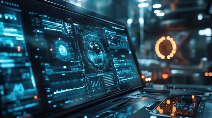Obraz premium A futuristic laptop displaying complex data and analytics in a high-tech environment.