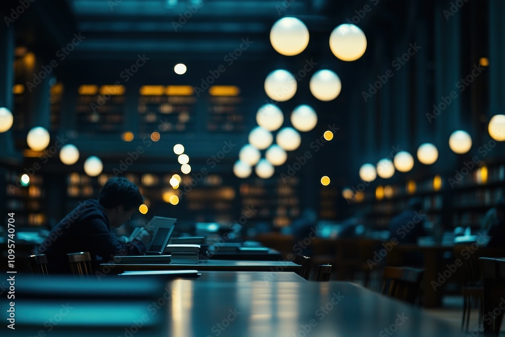 Poster a quiet library scene with individuals studying under soft, ambient lighting.