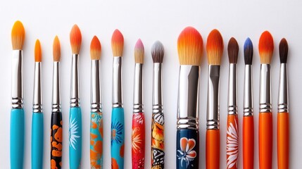 Fototapeta premium A colorful array of paintbrushes arranged in a line, showcasing various sizes and shapes.