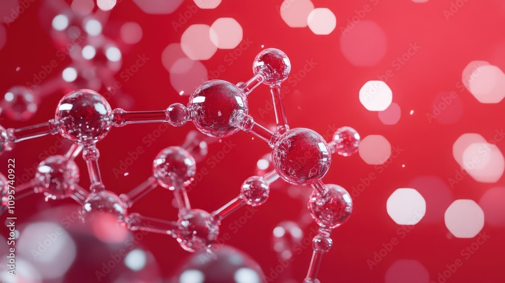 Poster a close-up of molecular structures with a red background, illustrating scientific concepts.