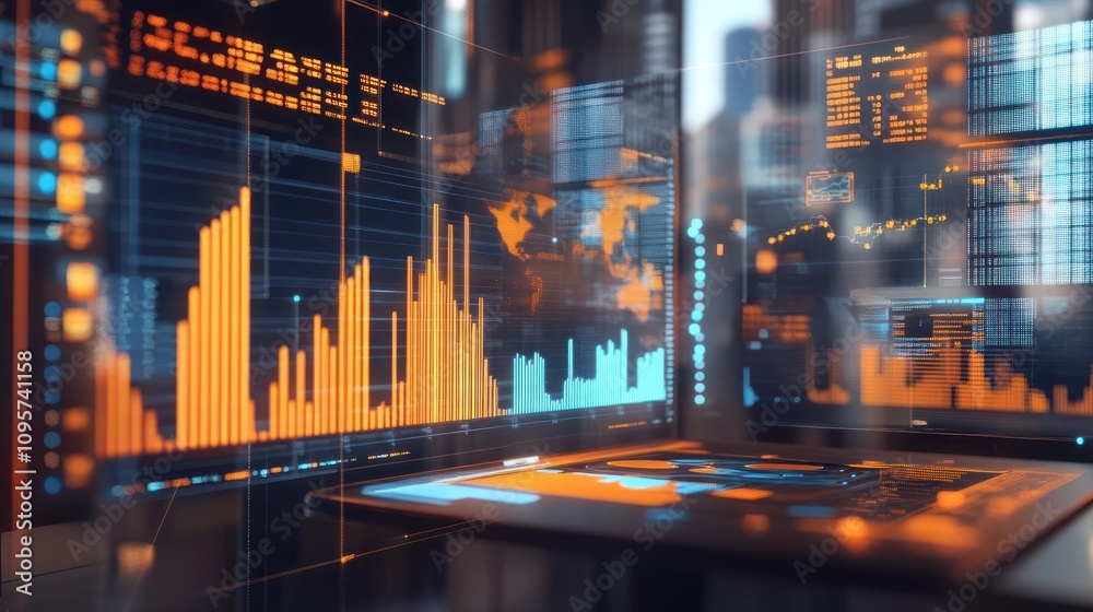 Aufkleber A futuristic workspace with digital data visualizations and analytics displayed on screens.