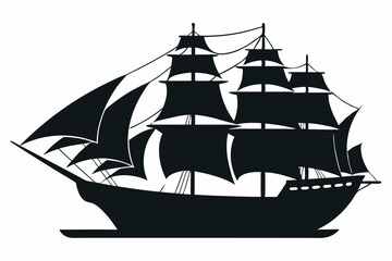 Sailer boat ship silhouette vector style white background. Ship silhouette line art illustration isolated on white
