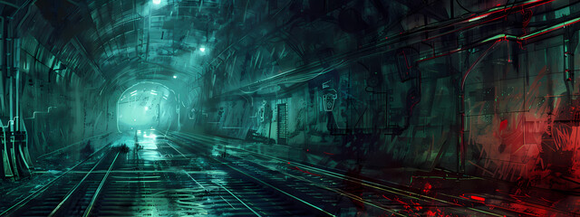 A dark and moody subway tunnel illuminated by an eerie green glow, with reflections on the wet tracks enhancing its mysterious atmosphere.