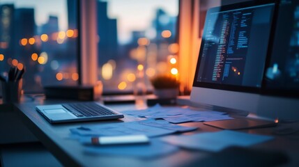 Evening programming session urban workspace digital environment city view tech innovation