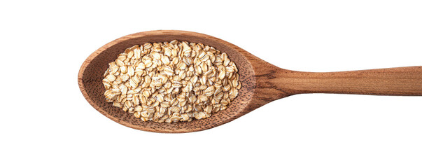 Raw oats in a wooden spoon, neatly captured in top view on a white surface.