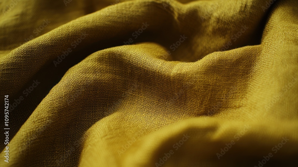 Poster close-up of textured mustard-colored fabric showcasing its folds and softness.