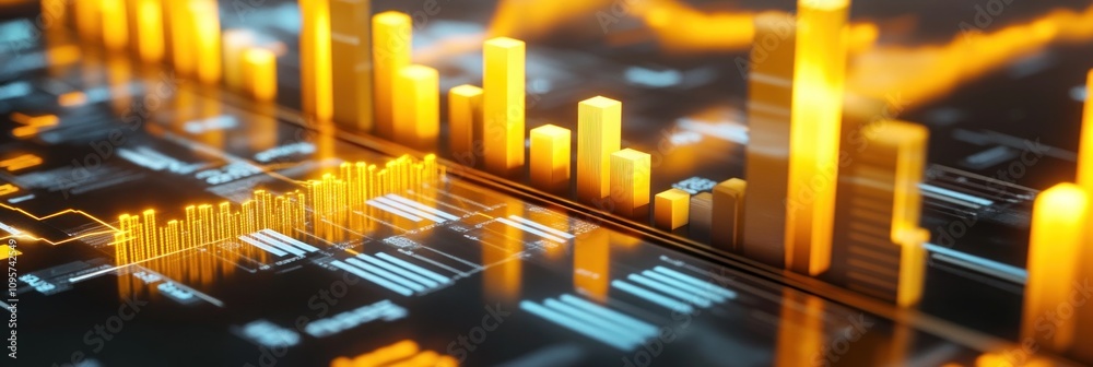 Poster A digital display of bar graphs and data analytics in vibrant orange hues.