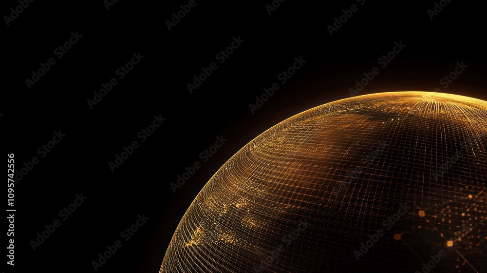 Poster A stylized depiction of a digital globe with a network of connections and data visualization.