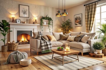 Cozy Scandinavian Living Room with Beige Sofa, Plaid and Fur Cushions, and a Warm Fireplace - Embrace Hygge Design Aesthetic for Modern Interiors