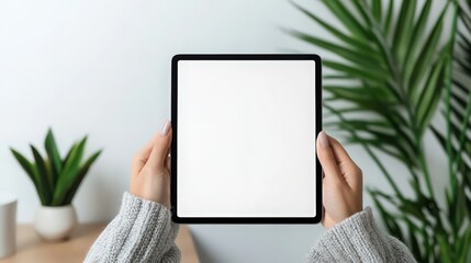 A person holding a tablet with a white screen