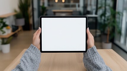 A person is holding a tablet with a white screen