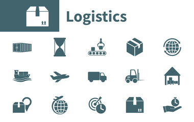 Set of icons for logistics, supply chain management, freight forwarding, warehouse management, time management, automation lines. Solid vector icons.