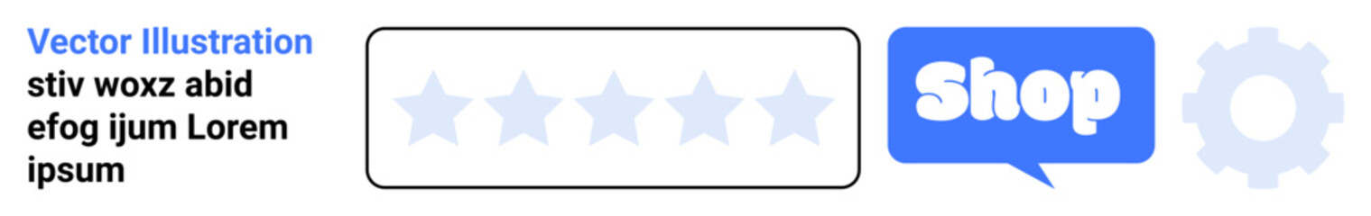 Five-star rating bar, blue chat bubble with the word Shop, and a gray settings gear icon. Ideal for e-commerce, user feedback, online shopping, customer reviews, and product management. Banner