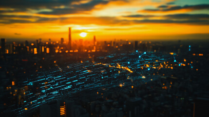 Smart digital city with connection Innovation network reciprocity over the sunset cityscape Concept of future wireless digital city and social media networking systems that connects business people