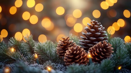 Beautiful Holiday Scene with Pinecones and Warm Lights
