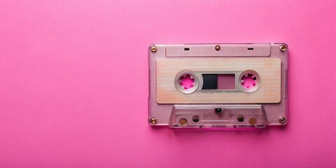 Obraz premium Retro audio cassette tape on pink background, vintage music technology, retro,audio, cassette tape, pink, background