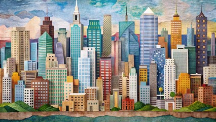 Naklejka premium Cityscape paper collage with mixed media cutouts, cityscape, collage, mixed media, paper, artwork, urban, skyline