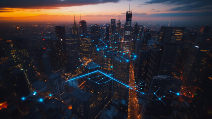 Fototapeta premium Smart digital city with connection Innovation network reciprocity over the sunset cityscape Concept of future wireless digital city and social media networking systems that connects business people