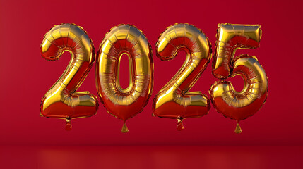 Metallic gold 3d balloons as 2025 on a red background. New Year concept.
