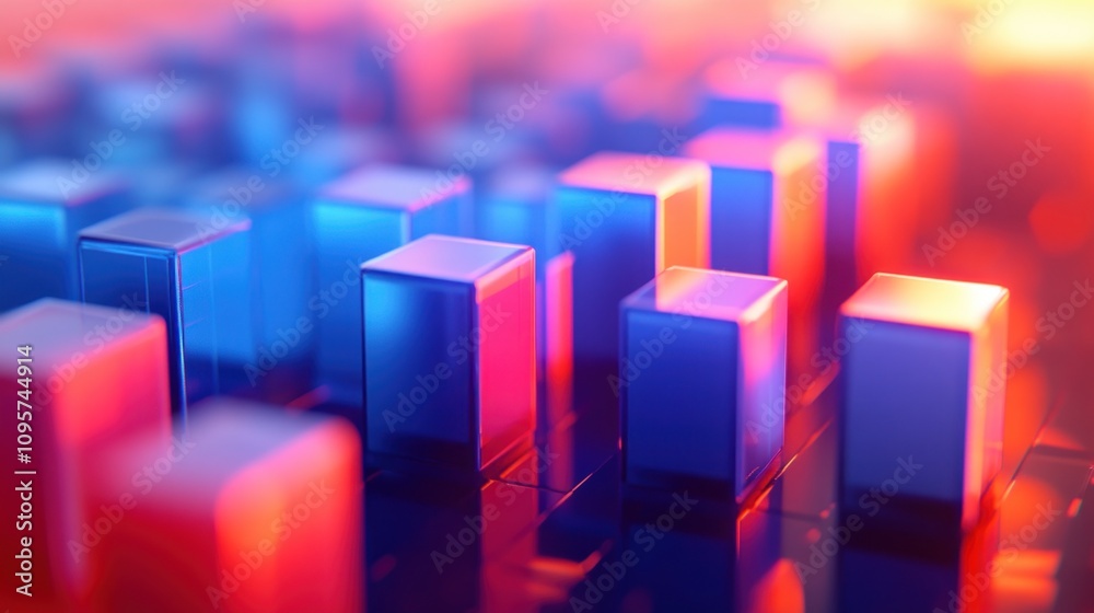 Poster abstract geometric design with colorful cubes creating a vibrant digital landscape.