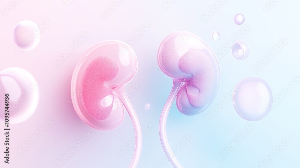 Fototapete Abstract representation of kidneys with bubbles in a soft gradient background.