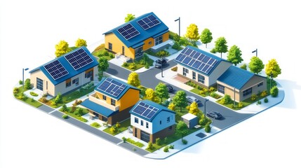 Isometric view of a residential neighborhood with solar panels on rooftops, trees, and cars.