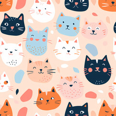 A delightful pattern of colorful and cheerful cat faces, featuring various breeds and expressions, perfect for animal lovers.