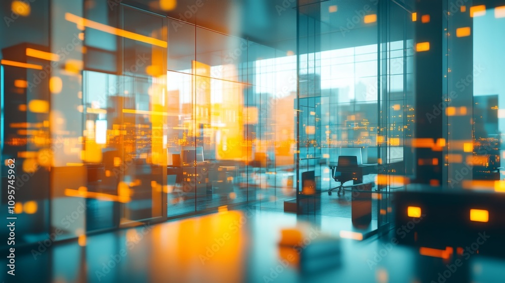 Poster dynamic digital workspace transformation modern office visual data display urban environment futuris