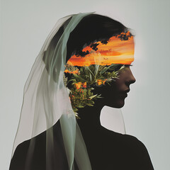 Profile Silhouette with Sunset Veil and Layered Landscape