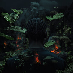 Backlit Silhouette Amid Lush Tropical Flames and Forest Glow