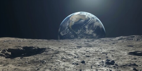 The Moon's surface with Earth in the distance, a breathtaking view showcasing cosmic beauty, highlighting the achievements of space exploration and the wonders of the cosmos.