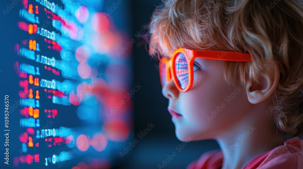 Poster a child playfully learning the basics of coding on a colorful and engaging educational software inte
