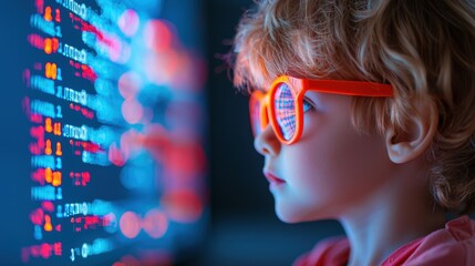 A child playfully learning the basics of coding on a colorful and engaging educational software interface.