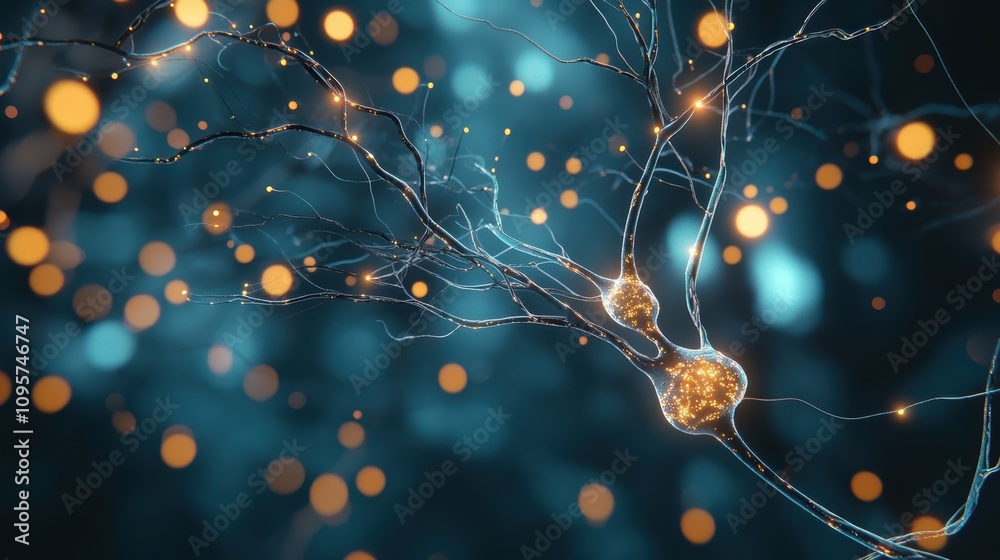 Poster an intricate network of glowing nodes and connections representing a neural network learning and evo