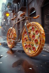 Bicycle made of pizza wheels on a rainy street, creative and playful food concept, blending humor and culinary imagination in a delightful street setting.