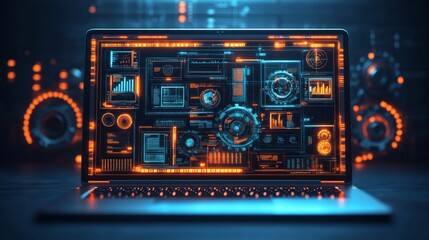Fototapeta premium Laptop displaying futuristic digital interface with data analytics and graphs.