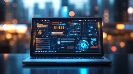 Laptop displaying futuristic interface against city lights.