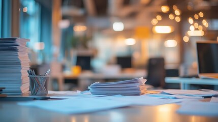 Office productivity challenge organizing paperwork in a modern workspace urban environment photo focused viewpoint efficiency concept